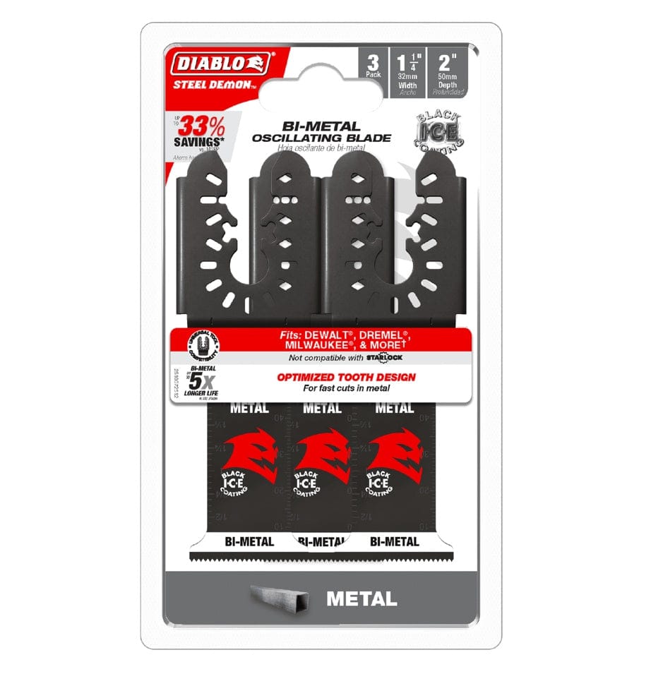 Retail packaging for the Diablo DOU125BF3 3-pack of Steel Demon oscillating blades highlighting 33 percent savings, 5X longer life, and a 2 inch cutting depth.