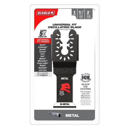 Retail packaging for the Diablo DOU125BF universal fit oscillating blade highlighting up to 5X longer life and compatibility with major tool brands.