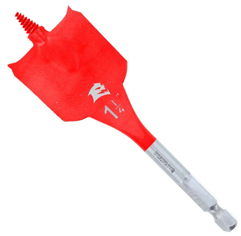 Individual Diablo 1-1/4 inch diameter by 4-inch short stubby wood spade bit featuring a red SPEED-TIP self-feeding threaded design and 1/4-inch Impact Strong hex shank.
