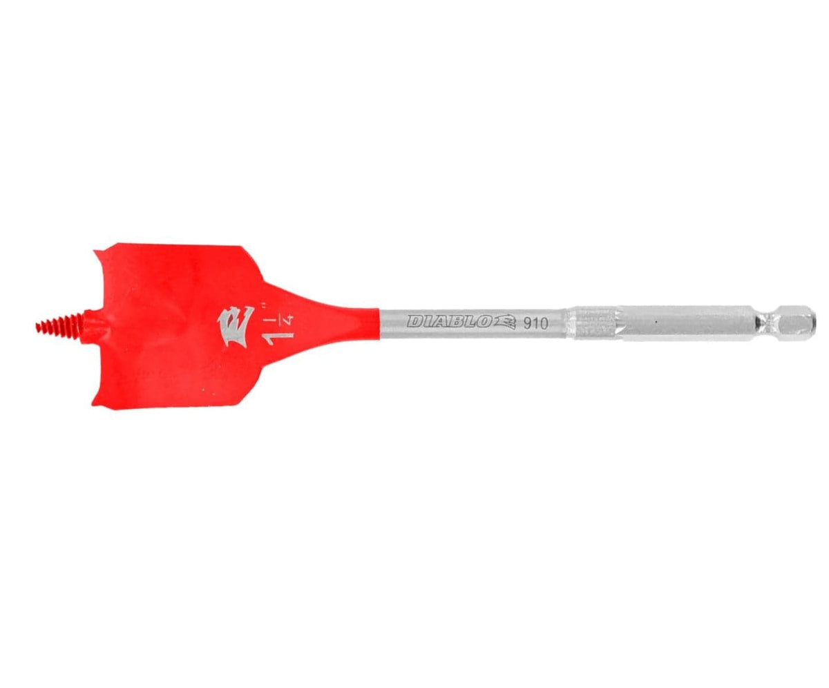 Horizontal profile of a Diablo 1-1/4 inch SPEEDemon wood spade bit showcasing the angled spur cutting edge and optimized curved paddle for fast chip evacuation.