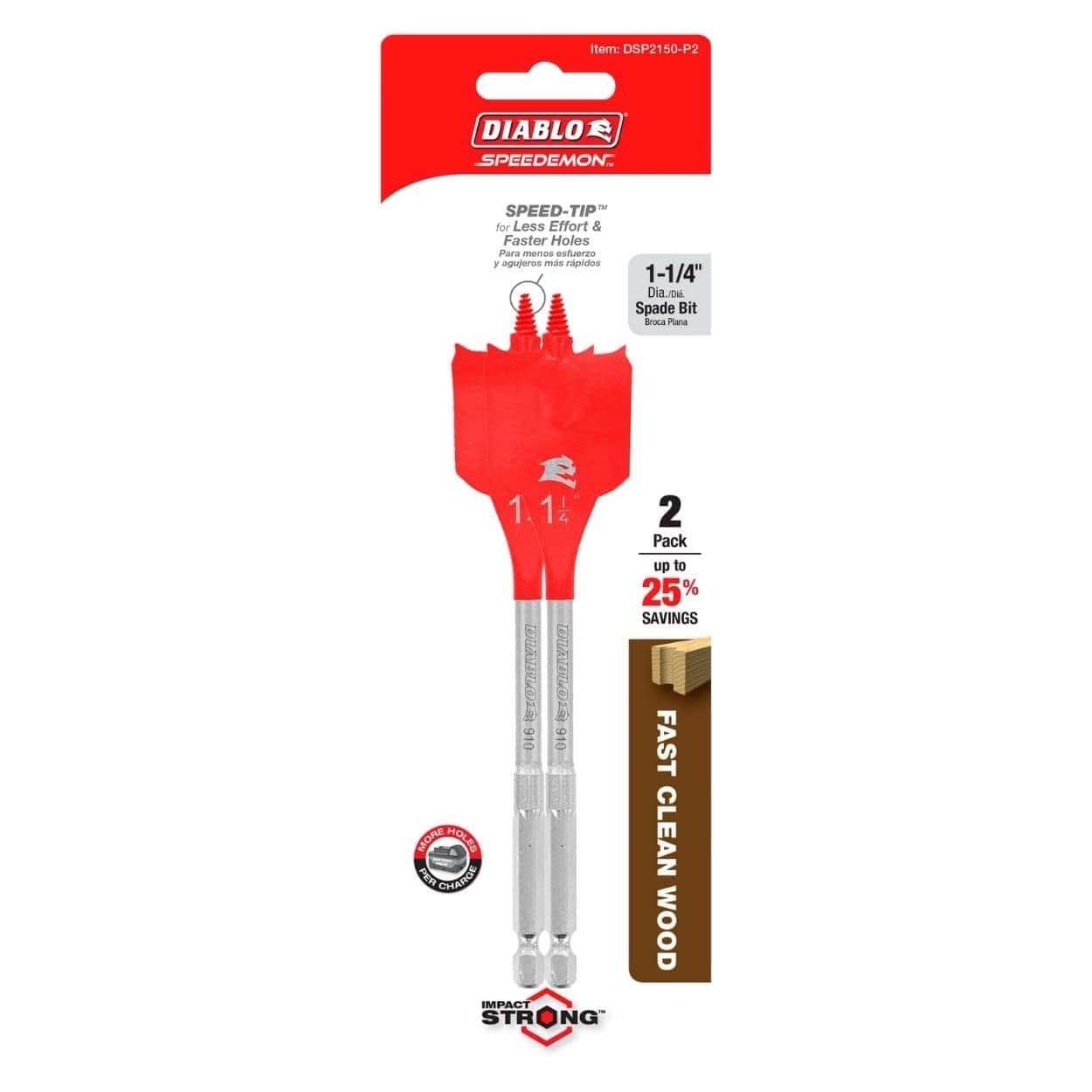 Retail packaging for the Diablo DSP2150-P2 2-pack highlighting 1-1/4 inch spade bits with SPEED-TIP technology for less effort and faster holes in clean wood.