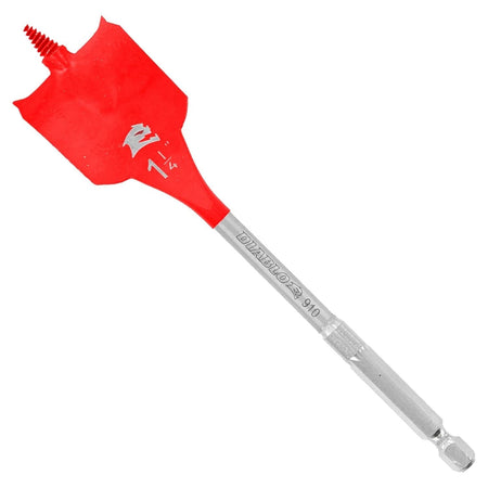 Individual Diablo 1-1/4-inch diameter wood spade bit featuring a red SPEED-TIP self-feeding threaded design and an Impact Strong 1/4-inch hex shank for drill drivers.