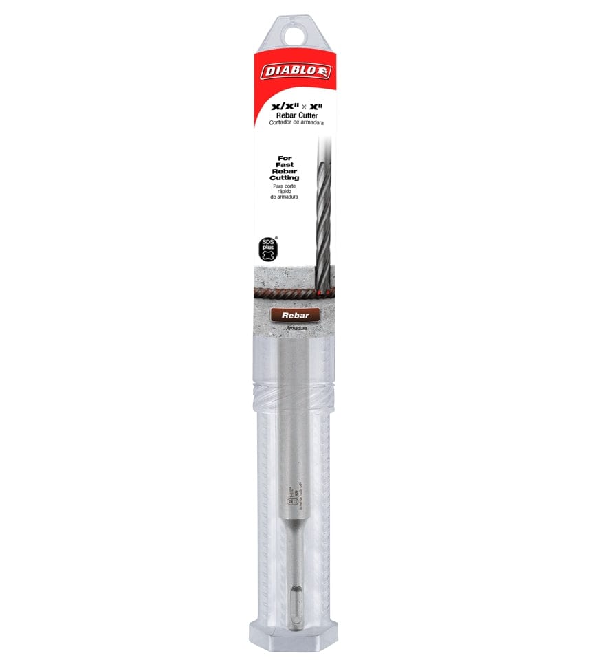 Retail packaging for the Diablo DMAPLRC1080 1-1/8 inch SDS-Plus rebar cutter showcasing the carbide tipped bit designed for fast cutting of steel in masonry.
