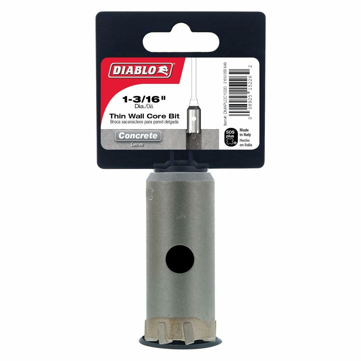 The Diablo 1-3/16 inch SDS-Plus carbide thin wall core bit for concrete drilling, shown attached to its retail cardboard backing, highlighting its diameter and SDS-Plus shank compatibility.