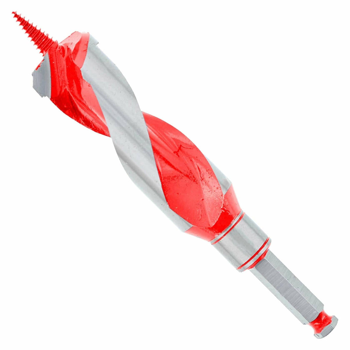 Close-up of Diablo DAG1160 auger bit showing red and silver helical flutes, threaded carbide tip, and hex shank. Designed for self-feeding into nail-embedded wood with efficient chip removal and clean bore performance