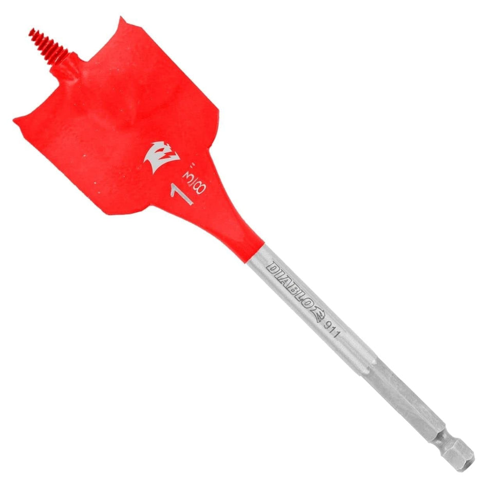 Vertical view of an individual Diablo 1-3/8 inch diameter wood spade bit featuring a red SPEED-TIP self-feeding threaded design and an Impact Strong 1/4 inch hex shank for drill drivers.