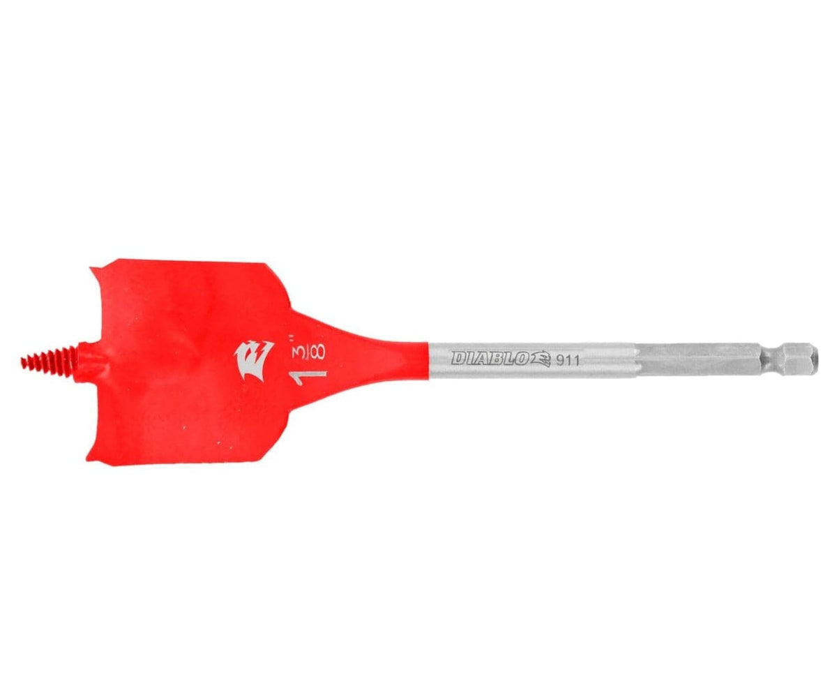 Horizontal profile of a Diablo 1-3/8 inch SPEEDemon wood spade bit showcasing the angled spur cutting edge and optimized curved paddle for fast chip evacuation.