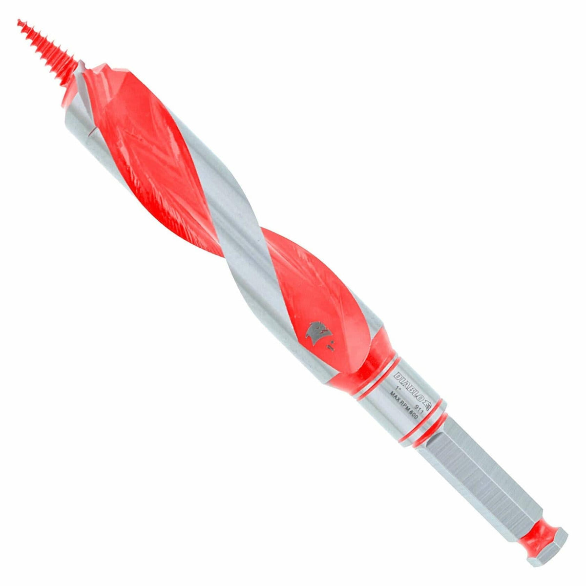 Diablo 1-inch auger bit with red and silver spiral flutes, pointed carbide Dura-Tip, and hex shank for drilling wood and nail-embedded lumber.