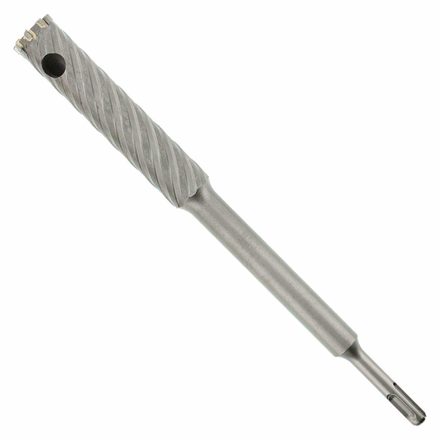 Diablo SDS-Plus carbide rebar cutter with a 1-inch diameter and 12-inch length. The bit features a cylindrical body with spiral flutes for debris removal and a hollow core for efficient drilling. The cutting tip includes multiple carbide teeth for penetrating embedded steel and concrete. The SDS shank ensures secure attachment to rotary hammer drills.