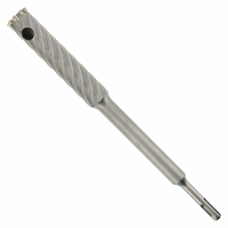 Diablo SDS-Plus carbide rebar cutter with a 1-inch diameter and 12-inch length. The bit features a cylindrical body with spiral flutes for debris removal and a hollow core for efficient drilling. The cutting tip includes multiple carbide teeth for penetrating embedded steel and concrete. The SDS shank ensures secure attachment to rotary hammer drills.