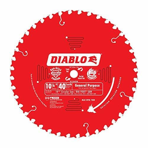 Top-down view of Diablo D1040W 10-1/4" circular saw blade with 40 teeth, red Perma-SHIELD coating, and labeled carbide tips for general-purpose wood cutting with wormdrive saws.