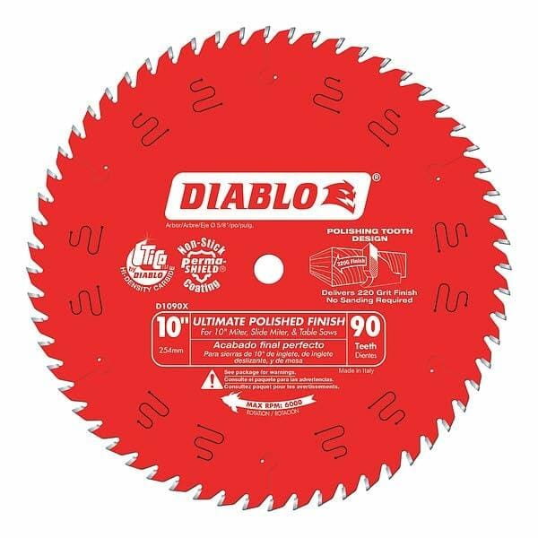 Diablo 10-inch circular saw blade with 90 teeth, designed for ultra-polished finish cuts in hardwood and fine molding. Red blade features TiCo Hi-Density Carbide tips, Perma-SHIELD non-stick coating, and a polishing tooth design that delivers a 220-grit finish without sanding. Compatible with miter, slide miter, and table saws. Model D1090X, max RPM 6000.