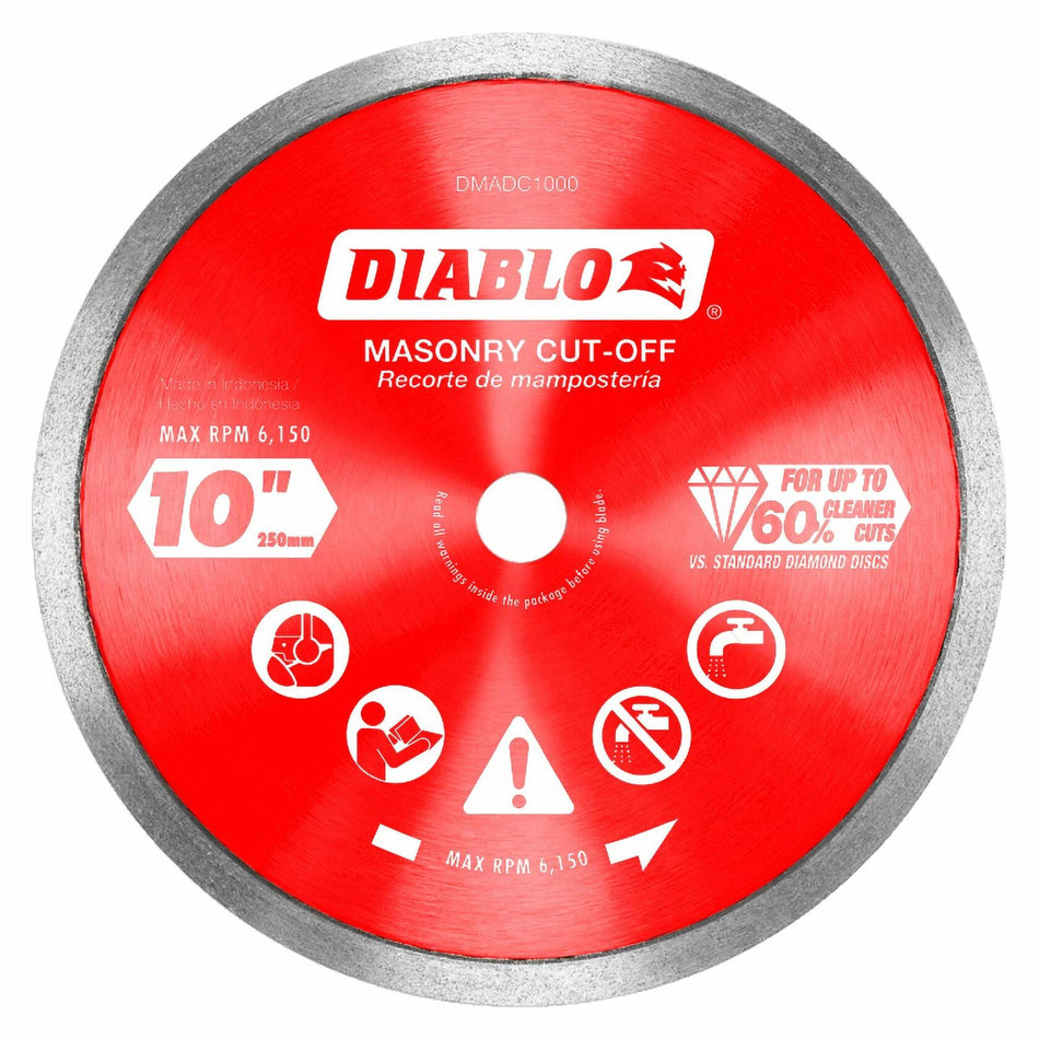 Diablo 10 Inch Diamond Continuous Rim Masonry Cut-Off Blade for smooth, chip-free cuts on tile, porcelain, granite, and marble
