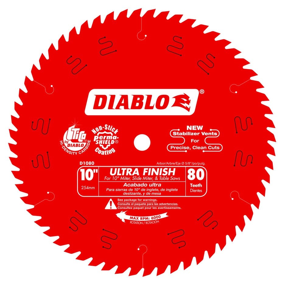 Close-up of Diablo D1080 Ultra Finish saw blade with 80 teeth; labeled for miter and table saw use.