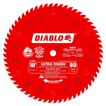 Close-up of Diablo D1080 Ultra Finish saw blade with 80 teeth; labeled for miter and table saw use.