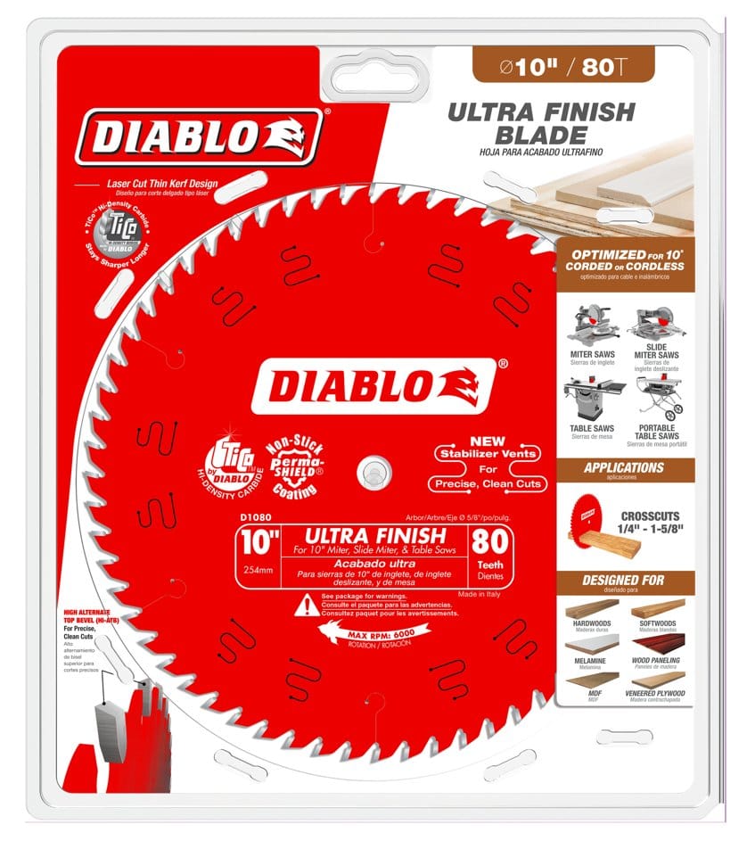 Retail packaging for Diablo 10-inch Ultra Finish saw blade; highlights carbide tips, thin kerf, and stabilizer vents.