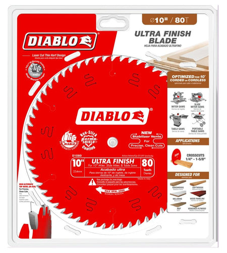 Retail packaging for Diablo 10-inch Ultra Finish saw blade; highlights carbide tips, thin kerf, and stabilizer vents.