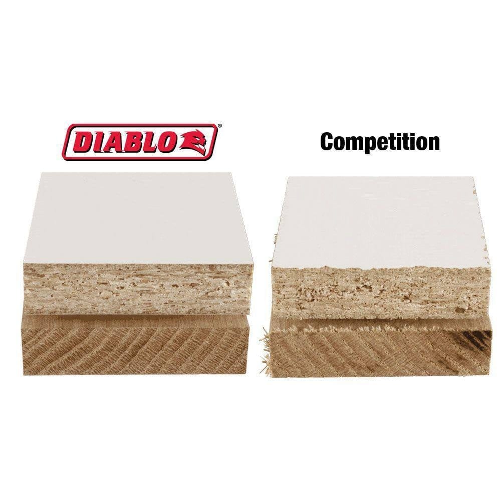 Side-by-side comparison of laminated wood cuts; Diablo blade produces cleaner edge than competing brand.