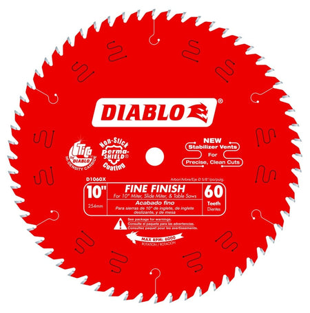 Red Diablo D1060X saw blade with white printed specifications including 10-inch size, 60 teeth, 5/8-inch arbor, and Perma-SHIELD coating, designed for miter and table saws.
