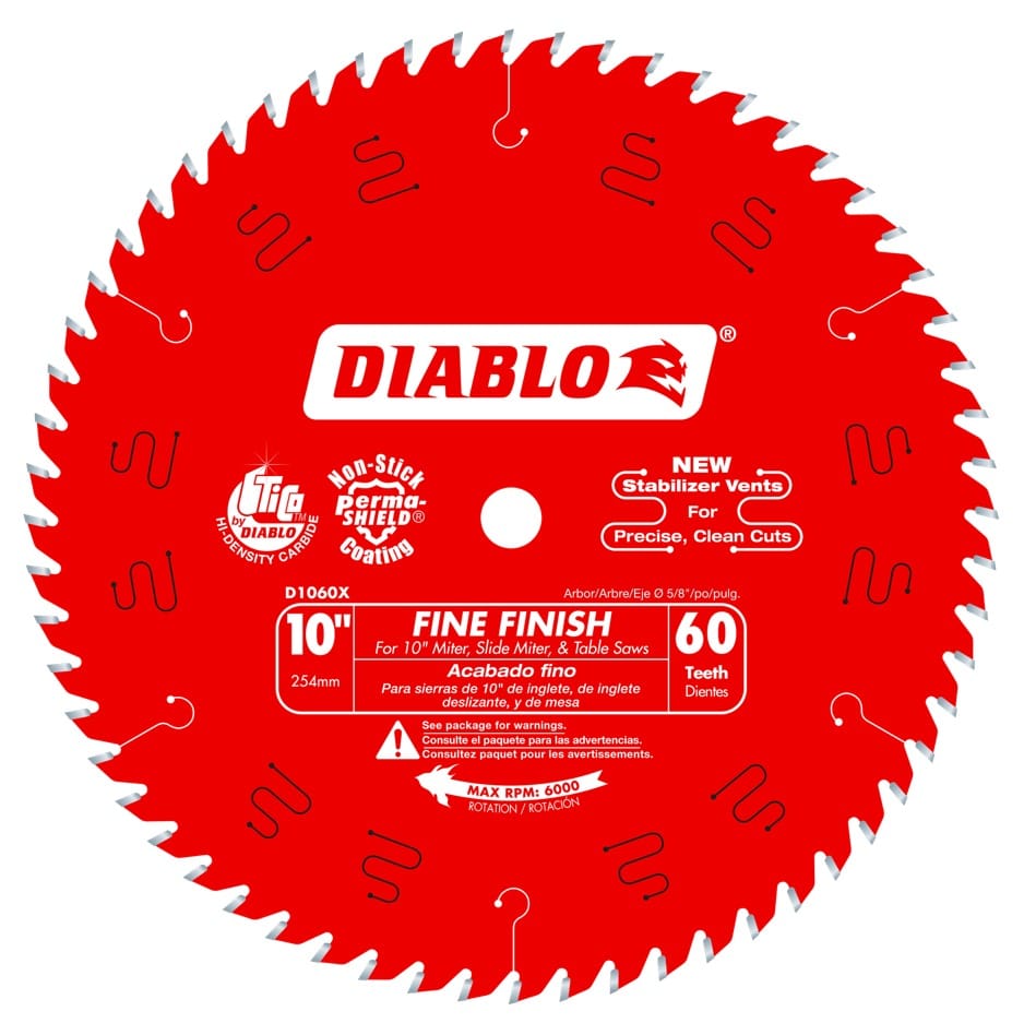 Red Diablo D1060X saw blade with white printed specifications including 10-inch size, 60 teeth, 5/8-inch arbor, and Perma-SHIELD coating, designed for miter and table saws.