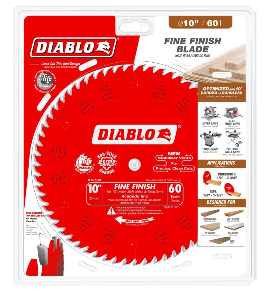 Retail packaging of Diablo Fine Finish Blade model D1060X showing 10-inch diameter, 60 teeth, and key features like thin kerf, carbide tips, and stabilizer vents for clean cuts.