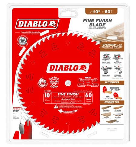 Retail packaging of Diablo Fine Finish Blade model D1060X showing 10-inch diameter, 60 teeth, and key features like thin kerf, carbide tips, and stabilizer vents for clean cuts.