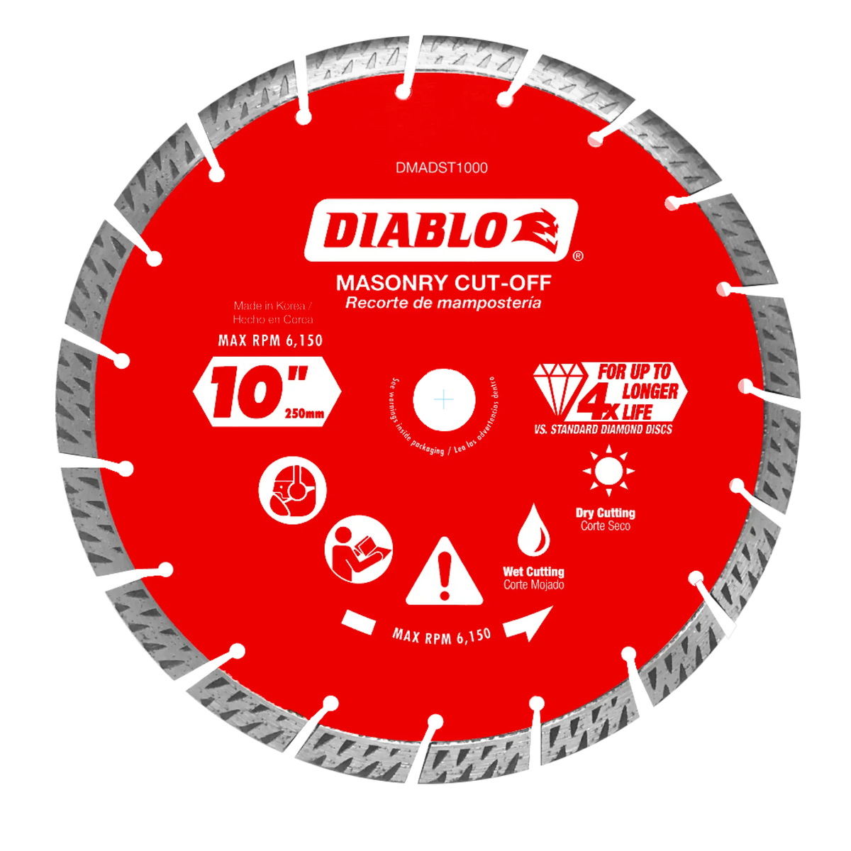 Diablo 10 inch turbo diamond segmented masonry cut-off blade with a red steel core, featuring a diamond rim designed for fast cutting and 4X longer life in wet or dry applications.