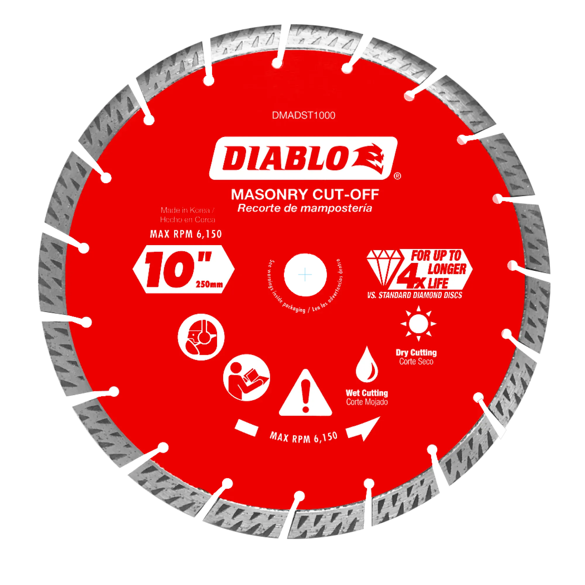 Diablo 10 inch turbo diamond segmented masonry cut-off blade with a red steel core, featuring a diamond rim designed for fast cutting and 4X longer life in wet or dry applications.