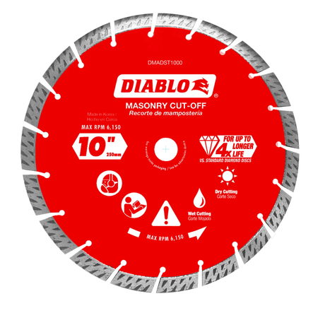 Diablo 10 inch turbo diamond segmented masonry cut-off blade with a red steel core, featuring a diamond rim designed for fast cutting and 4X longer life in wet or dry applications.
