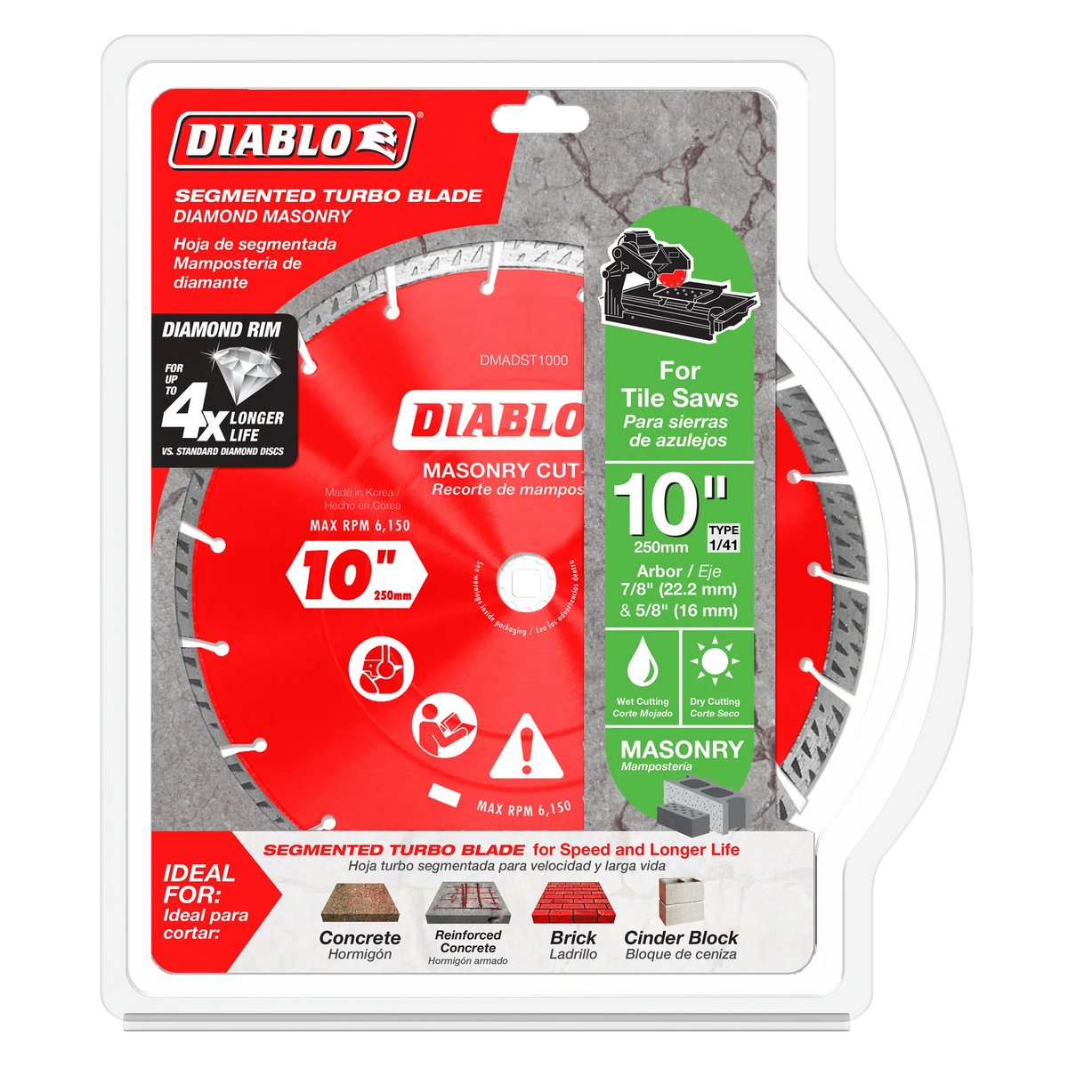 Retail packaging for the Diablo DMADST1000 10 inch segmented turbo diamond blade, specifying compatibility with tile saws and ideal use for concrete, reinforced concrete, brick, and cinder block.