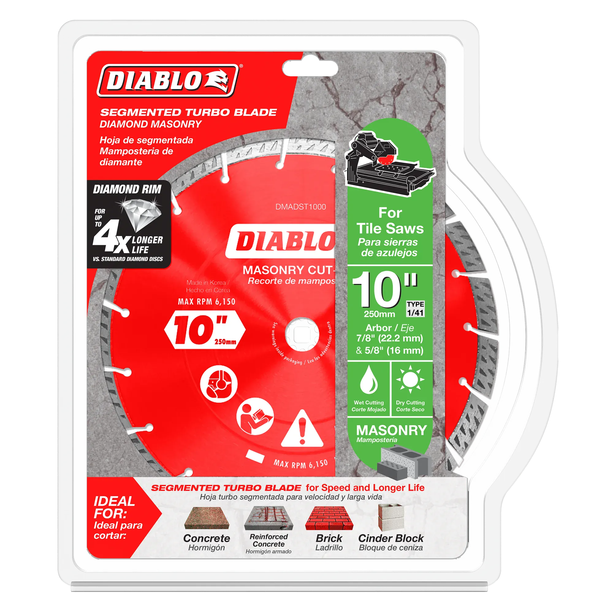 Retail packaging for the Diablo DMADST1000 10 inch segmented turbo diamond blade, specifying compatibility with tile saws and ideal use for concrete, reinforced concrete, brick, and cinder block.