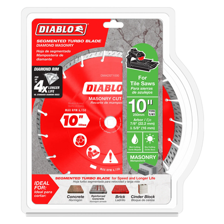 Retail packaging for the Diablo DMADST1000 10 inch segmented turbo diamond blade, specifying compatibility with tile saws and ideal use for concrete, reinforced concrete, brick, and cinder block.