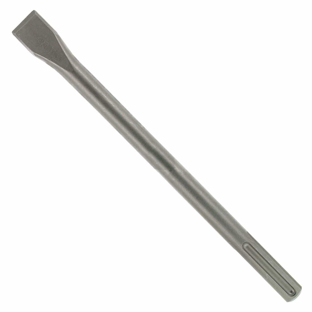 Close-up of Diablo 12-inch SDS-Max flat chisel made of hardened steel. Features a wide blade for material removal and a grooved shank for secure fit in rotary hammer drills. Ideal for heavy-duty concrete and masonry work.