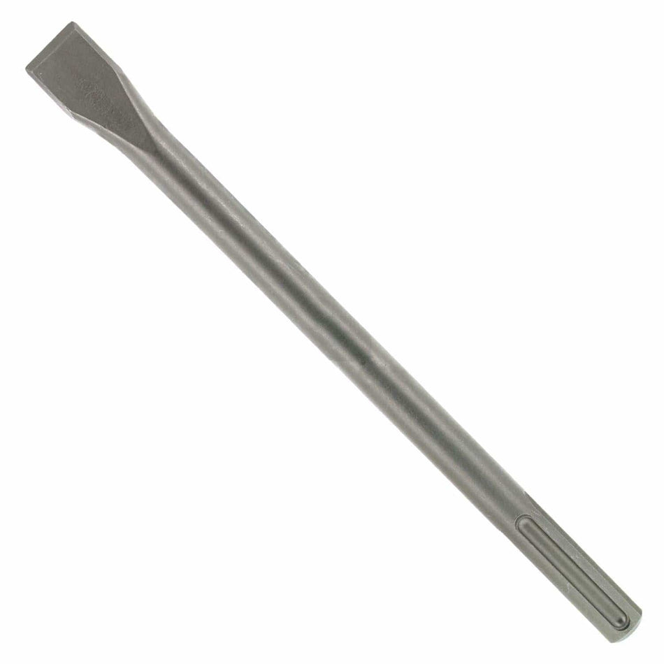 Close-up of Diablo 12-inch SDS-Max flat chisel made of hardened steel. Features a wide blade for material removal and a grooved shank for secure fit in rotary hammer drills. Ideal for heavy-duty concrete and masonry work.