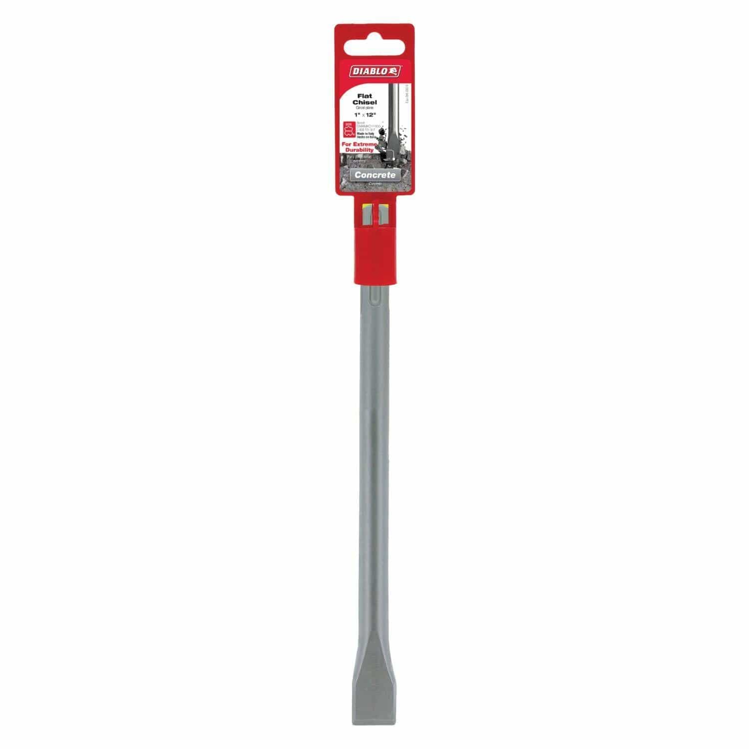 Packaged Diablo SDS-Max flat chisel labeled for concrete applications. The metal tool features a wide flat blade and grooved shank compatible with SDS-Max rotary hammer drills. Designed for chipping, scaling, and demolition tasks.