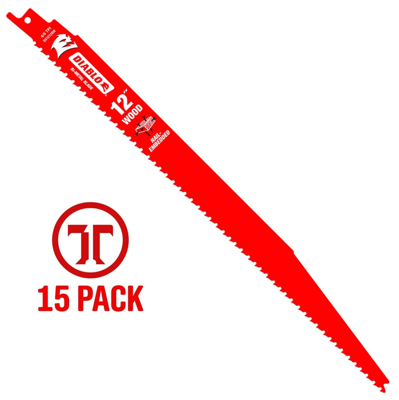 Diablo Demo Demon 12-inch bi-metal reciprocating saw blade for nail-embedded wood, featuring a 15-pack icon.