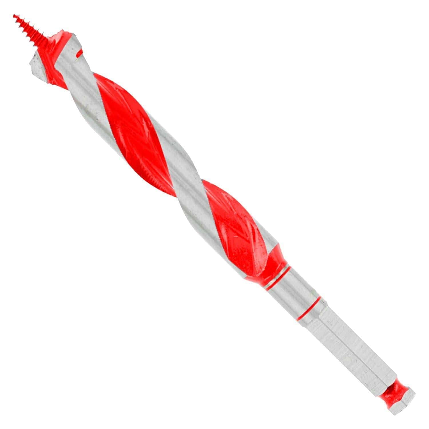 Diablo 13/16" auger bit with red and silver helical flutes, threaded screw tip, and hex shank. Designed for drilling clean, deep holes in wood and nail-embedded wood using cordless or corded impact drivers. Ideal for framing, carpentry, and utility installations.