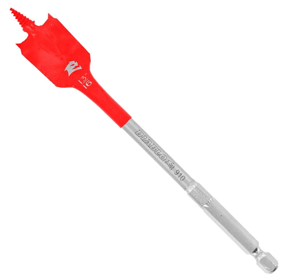 Individual Diablo 13/16-inch wood spade bit featuring a red SPEED-TIP self-feeding threaded tip and 1/4-inch Impact Strong hex shank for drill drivers.