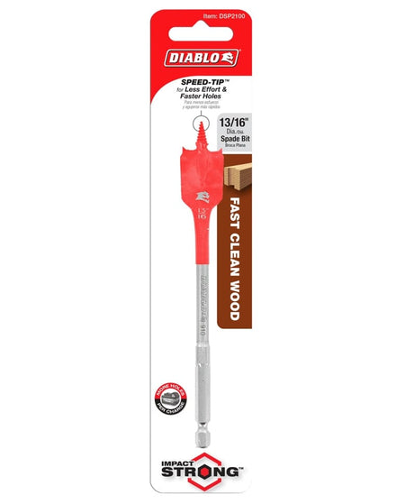 Retail packaging for the Diablo DSP2100 single-pack 13/16-inch spade bit highlighting SPEED-TIP technology for less effort and faster holes in wood.