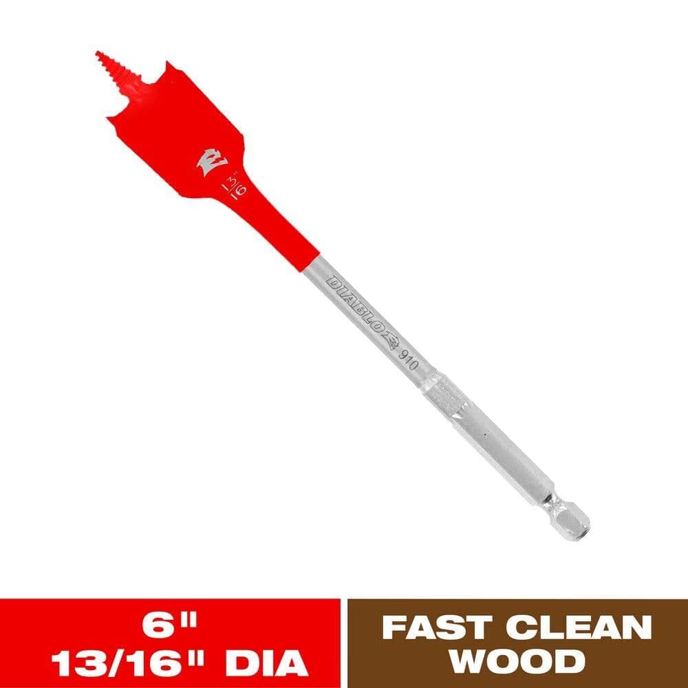 Individual Diablo 13/16-inch diameter wood spade bit shown with a 6-inch length callout and Fast Clean Wood branding.
