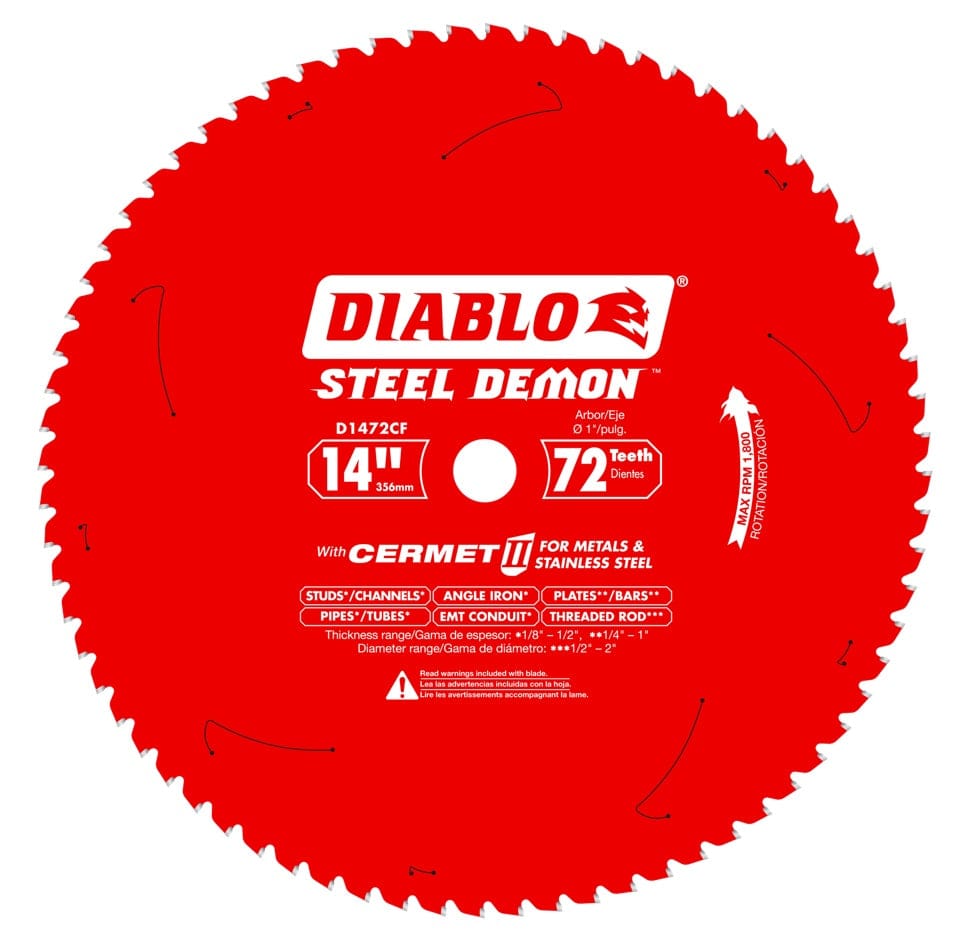 Close-up of Diablo Steel Demon blade with 72 teeth; labeled for cutting metals and stainless steel with Cermet II technology.