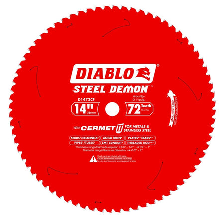 Close-up of Diablo Steel Demon blade with 72 teeth; labeled for cutting metals and stainless steel with Cermet II technology.