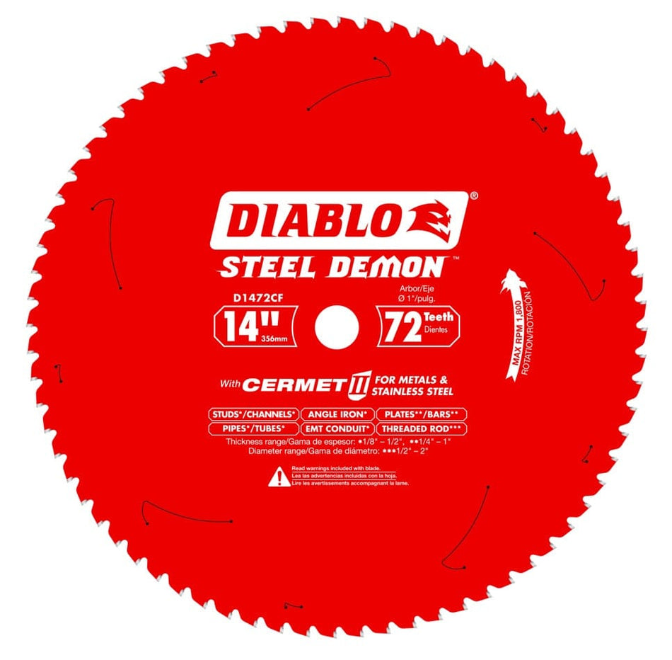 Close-up of Diablo Steel Demon blade with 72 teeth; labeled for cutting metals and stainless steel with Cermet II technology.