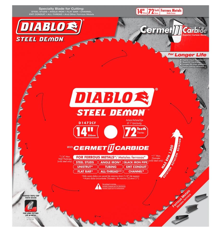 Retail packaging for Diablo D1472CF Steel Demon blade; highlights Cermet II teeth and ferrous metal cutting applications.