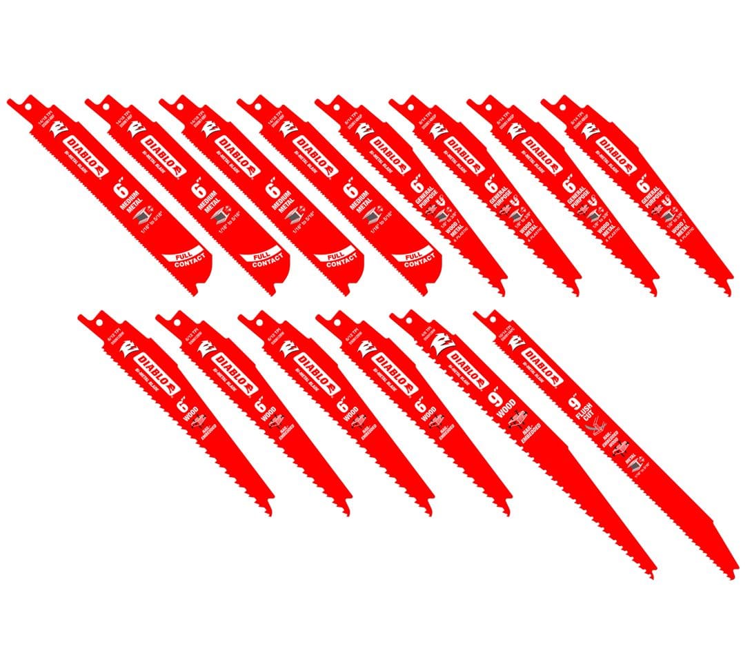 Assortment of fourteen Diablo bi-metal reciprocating saw blades featuring specialized designs for nail-embedded wood, general purpose, medium metal, and flush cutting.
