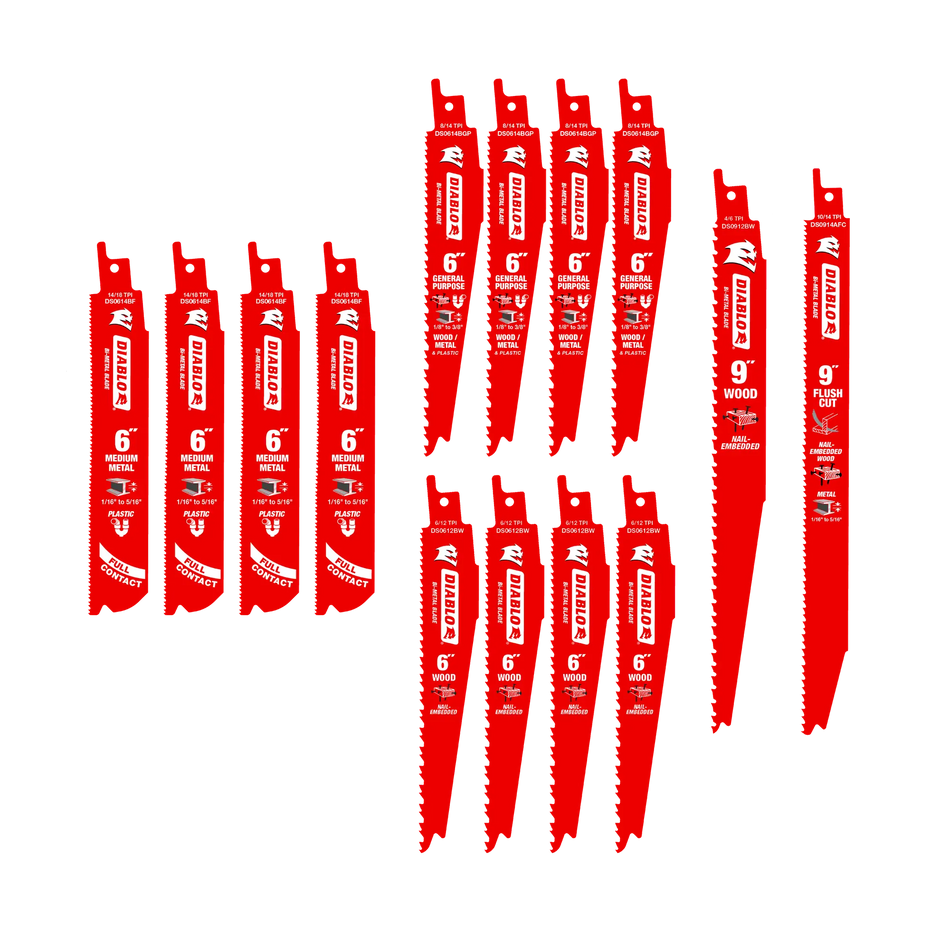 Assortment of fourteen Diablo bi-metal reciprocating saw blades featuring specialized designs for nail-embedded wood, general purpose, medium metal, and flush cutting.