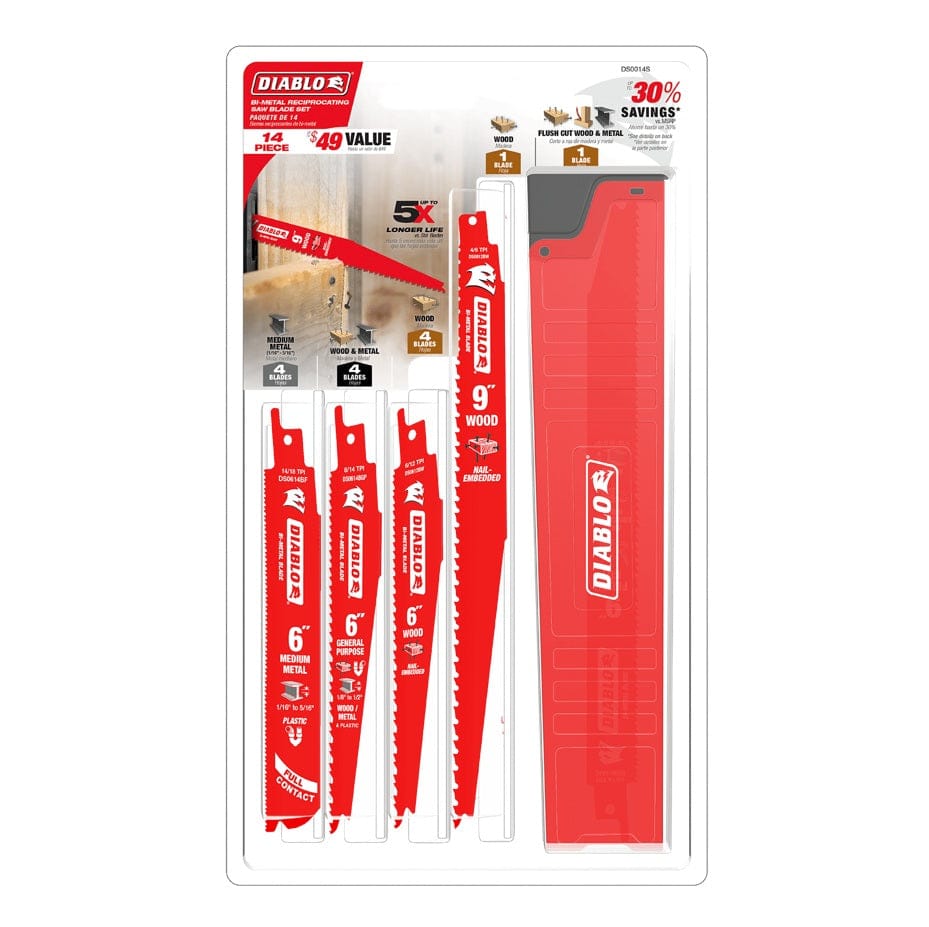 Retail packaging for the Diablo DS0014S 14-piece reciprocating saw blade set highlighting a 49 dollar value, up to 30 percent savings, and a free storage case.