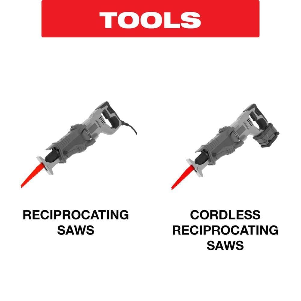 Tool compatibility diagram illustrating that Diablo reciprocating saw blades are optimized for use with both corded and cordless reciprocating saws.