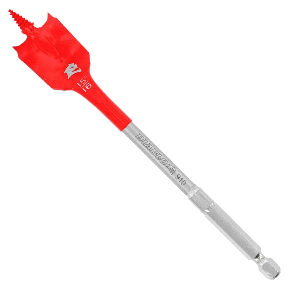 Individual Diablo 15/16-inch diameter wood spade bit featuring a red SPEED-TIP self-feeding threaded design and an Impact Strong 1/4 inch hex shank for drill drivers.