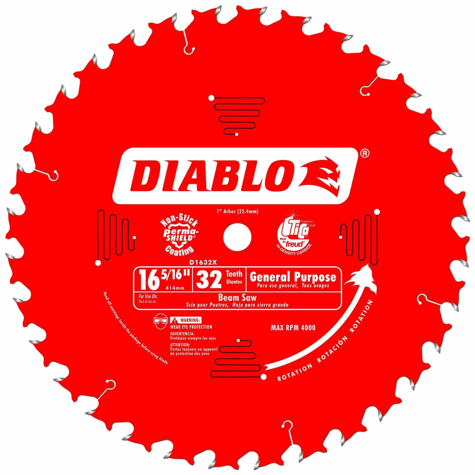Diablo D1632X circular saw blade with 16-5/16" diameter and 32 ATB teeth. Red blade labeled “General Purpose” for beam saws. Features include Perma-SHIELD coating, TiCo carbide tips, and 1" arbor. Max RPM 4000.